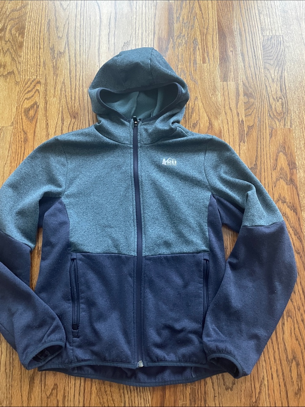 Kids REI Two-Tone Hooded Fleece Jacket — Charcoal & Navy large
